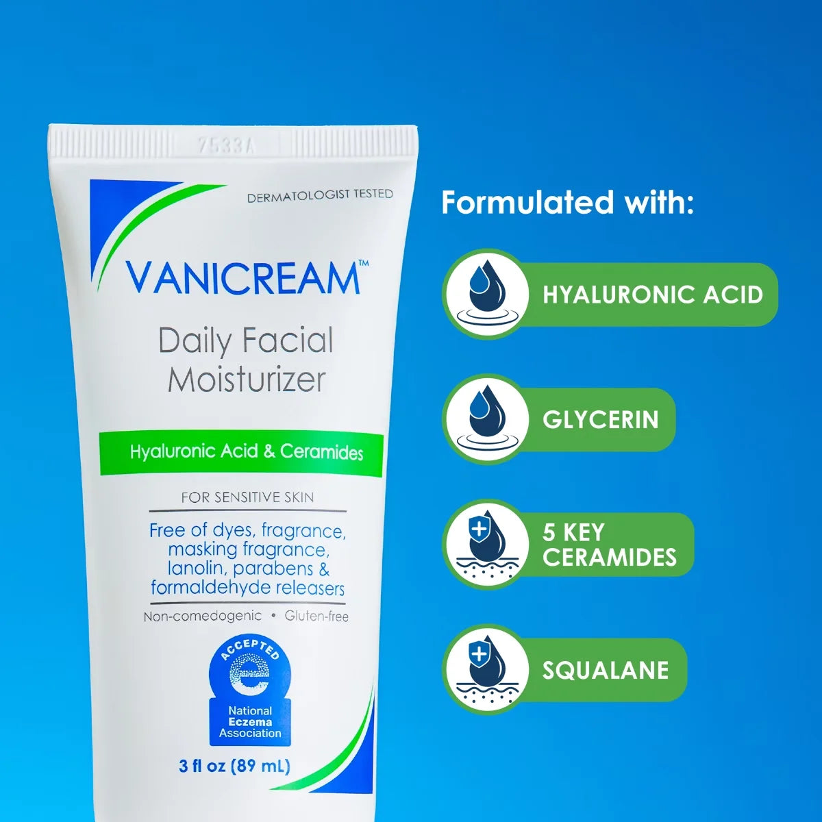 Vanicream Daily Facial Moisturizer with Hyaluronic Acid & Ceramides for Sensitive Skin - Unscented - 3 fl oz